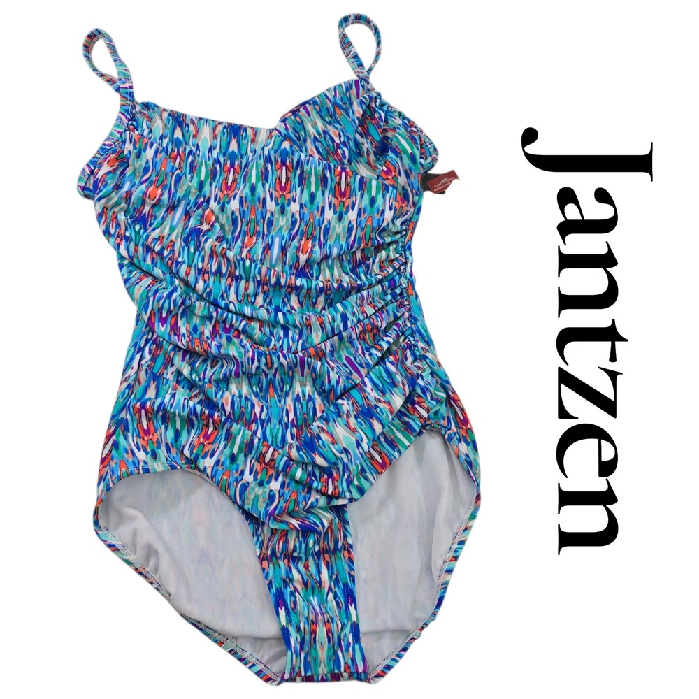Jantzen One Piece Swimsuit Womens‎ 10 Blue Multi Polyamide Ruched Tummy Control